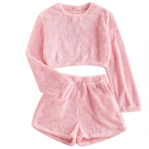Nuevo Conjunto de 2 Piezas de Felpa Coral para Mujer, Primavera-Verano, Color Sólido, Manga Larga, Top Corto, Sudadera y Pantalones Cortos - Product Image 4