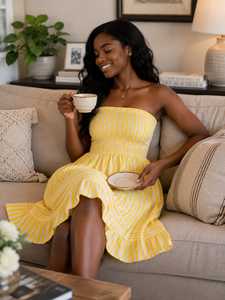 Women Bohemian Yellow Striped Strapless Summer <b>Dress</b> Shoulder Smocked Midi Sundress Casual Beach <b>Ruffle</b> Holiday 100% Cotton - Product Image 3