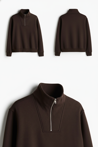 Sudadera Moderna para Hombre, Color Marrón, con Cierre de Cremallera de un Cuarto, Cuello Alto, Manga Larga, Informal, para Uso Diario - Product Image 3