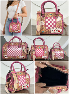 Western Style Floral <b>Tooled</b> Pink & White Checkered <b>Leather</b> Mini Speedy Bag Genuine Cow <b>Leather</b> Card Design Duffle Bag for Women - Product Image 2