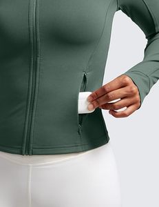 Haut de yoga pour femme vert olive à manches longues et fermeture éclair intégrale, coupe ajustée, design sans couture, couleur unie, vêtement de sport - Product Image 2