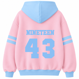เสื้อฮู้ดดี้ชมรมแกมมา ไพ เดลต้า แบบสั่งทำพิเศษ ปักโลโก้ด้านหน้า สีฟ้าและชมพู แขนสั้น ผ้าฝ้าย สำหรับผู้หญิง - Product Image 4