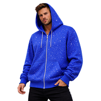 Sudadera con capucha unisex azul real con pedrería, forro polar personalizado, estilo casual urbano, estampado digital de invierno con bolsillos