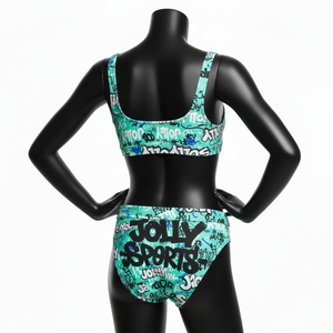 Ensemble de bikini en polyester et élasthanne premium avec imprimé graffiti, haut zippé, panneaux latéraux noirs, logo personnalisé par sublimation, pour femmes. - Product Image 5