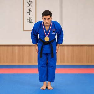 Kimono de karaté bleu personnalisé pour homme adulte, 100% coton, uniforme d'entraînement durable avec ceinture noire et logo frontal - Product Image 6