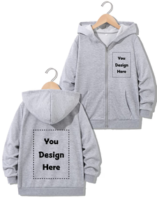Customizable Kids Hooded Zip-Up Sweatshirt Gray Cotton Casual Winter Reversible Windproof Front Back Design Comfort Fit Boy's - Product Image 2