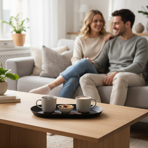 ถาดเสิร์ฟเหล็กเคลือบสีดำ |   ถาดโลหะทรงสี่เหลี่ยมขนาด 10” x 5.5” สำหรับโต๊ะกาแฟ เคาน์เตอร์ครัว โต๊ะเครื่องแป้ง และของตกแต่งบ้าน - Product Image 4