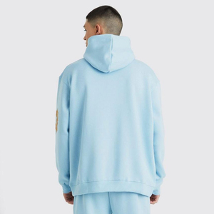 Ensemble de survêtement bleu clair à capuche avec lettres et patchs brodés, unisexe, décontracté, pantalon de survêtement et sweat-shirt pleine longueur, 100 % coton - Product Image 4