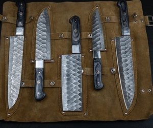 Handmade Carbon Steel Damascus Steel 5-Piece Eco-Friendly Kitchen Set Pure Leather Sheath Including Chef Cleaver <b>Steak</b> Fruit - Product Image 3