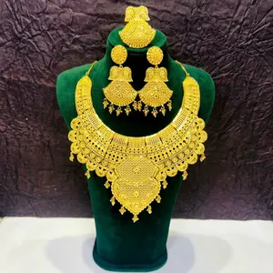 Juego de collar nupcial africano chapado en oro de 18 quilates |   Piedras Naturales Estilo Dubái, Joyería de Boda de Lujo Chapada en Oro para Mujer - Product Image 6