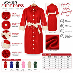 HMR Sorority Sisterhood Embroidered Faux Leather Long Maxi Red Shirt <b>Dress</b> <b>With</b> Cream Contrast Cuffs and Belt - Product Image 6