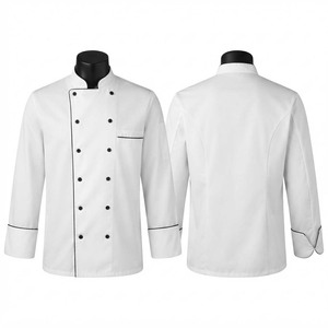 เสื้อเชฟผู้ชาย 200 GSM ผ้าโพลีคอตตอนทวิลล์พรีเมียม สีขาว แต่งขอบสีดำ ดีไซน์กระดุมสองแถว ปักโลโก้ตามสั่ง ชุดทำงาน - Product Image 1