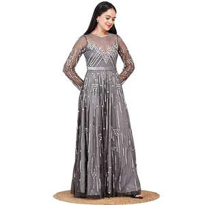 Luxury Charcoal Grey Evening Gown Wholesale Hand Embroidered Mirror Work Tulle Maxi <b>Dress</b> Heavy Work Flared Wedding Party Wear - Product Image 4