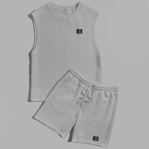 Mens Sleeveless Printed T Shirt Shorts <b>Set</b> Waffle <b>Knit</b> Summer Two Piece Outfit Breathable Lightweight Casual Loungewear - Product Image 2