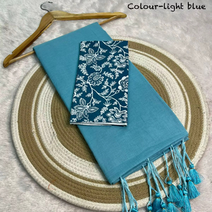 ผ้าส่าหรีผ้าฝ้ายทอมือสีเขียวลายใบไม้สีขาว รุ่นนิว ดีวาจา เอ็กซ์พอร์ต ดีไซเนอร์ พร้อมเสื้อปักลายใบไม้สีขาว - Product Image 1