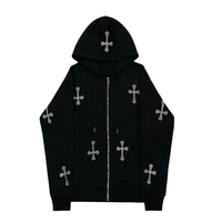Sweat à capuche oversize d'hiver personnalisé avec fermeture éclair et strass, noir, style streetwear, design croix en cristal, veste de luxe hip-hop unisexe OEM