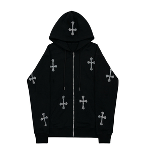 Custom <b>Rhinestone</b> Cross Zip Hoodie – Black Streetwear Hoodie with Crystal Cross Design, Luxury Hip Hop <b>Jacket</b>, Unisex, OEM Logo - Product Image 3