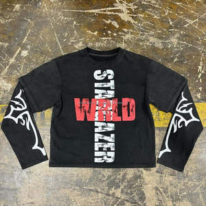 T-shirt d'été à manches longues double couche personnalisé pour hommes, délavé vintage avec motif de lettres sérigraphié respirant - Product Image 1