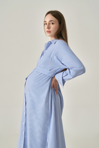 Vestido Maxi a Rayas de Algodón Tejido para Mujer, Cierre de Botones al Frente, Cuello Camisero, Corte Holgado en la Cintura, Estilo Casual Minimalista y Transpirable - Product Image 3