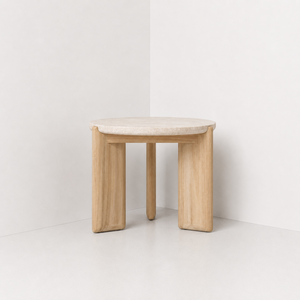 Round Travertine Side <b>Table</b> Solid Teak Wood Base Honed Stone <b>Coffee</b> <b>Table</b> for Modern Hotel Living Room and Luxury Resort Lounge - Product Image 3