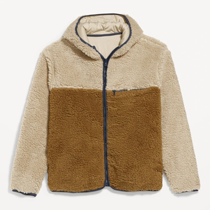 Veste polaire à capuche pour homme, style color block, fermeture éclair, décontractée, pour l'hiver, coupe classique, beige et marron, sweats à capuche en sherpa - Product Image 3