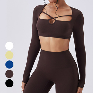 Nouveau design, haut de yoga sexy à manches longues, respirant, séchage rapide, avec logo frontal, pour la course, le sport, la gym, le fitness, col carré, pour femmes - Product Image 4