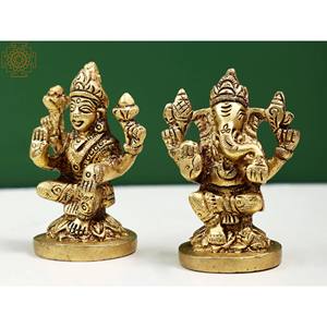 รูปปั้นทองเหลือง2นิ้วทำด้วยมือรูปปั้นคู่หินลักษมีและพระพิฆเนศผลิตในอินเดีย - Product Image 3