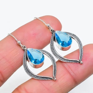 925 Sterling Silver Blue Topaz Drop <b>Earrings</b> Natural Gemstone <b>Handmade</b> Party Wear Jewelry for Women Wholesale - Product Image 6