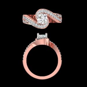 Anillo de compromiso de oro rosa con diamantes redondos de 1.05 quilates, diseño en espiral cruzado, banda pavé de triple fila y vástago moderno cruzado. - Product Image 2