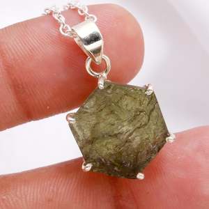 Colgante Hexagonal de Moldavita, Plata de Ley 925, Joyería Étnica con Piedras Preciosas Naturales de la República Checa para Mujeres y Niños - Product Image 6