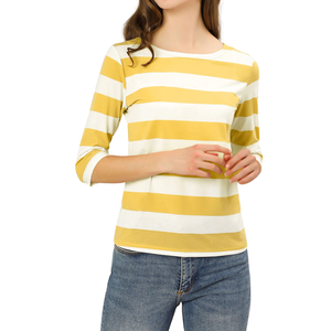 Camiseta 100% algodón de suministro estable para mujer, estilo preppy, a rayas, cuello redondo, manga tres cuartos, ajuste slim, color amarillo. - Product Image 4