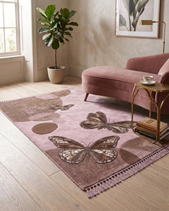 Alfombra de Lana Rosa Pálido y Marrón con Diseño de Mariposa, Ecológica, Antideslizante, Hecha a Mano, con Motivo Botánico Artístico de Insectos, Paneles Texturizados Modernos - Product Image 3