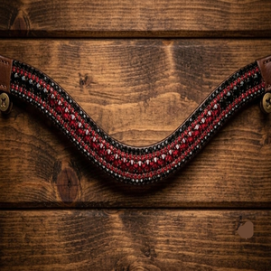 Frontal en cuir noir et marron pour cheval, 5 rangées de cristaux rouges, verts et bleus, strass, confortable, durable, logo personnalisé - Product Image 1