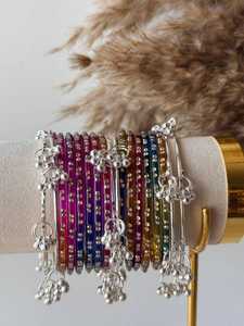 Premium <b>Gold</b> Plated Trendy Multi-Tone Glass & Pearl <b>Bangle</b> <b>Set</b> Ombre Finish Glitter Accents Traditional Wedding Wholesale Bulk - Product Image 2