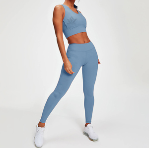 Ensemble de yoga sans couture 2 pièces bleu pour femme : Leggings taille haute et crop top dos nageur col en V, tenue de sport extensible - Product Image 1