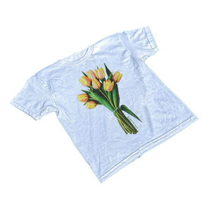 Women's White <b>Crop</b> <b>Top</b> Short Sleeve O-Neck Floral Tulip Print Casual T-Shirt Slim Fit Jersey Cotton - Product Image 4
