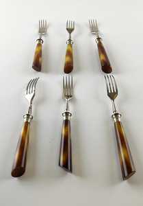 Retro Solingen Steel <b>Forks</b> (6 pcs) with Tortoiseshell‑Style Handles in Original Box, Solingen metal <b>forks</b> with horn re - Product Image 1