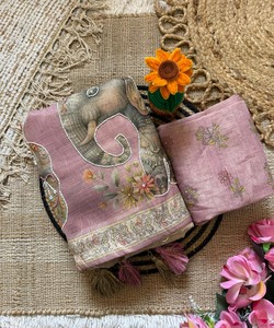 Sari en soie dessiné à la main avec imprimé éléphant et bordure rose, tenue de mariage indienne traditionnelle pour femmes VT-860 85649 - Product Image 4