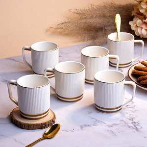Classic White <b>Gold</b> Glazed Ceramic <b>Mugs</b> Microwave Safe Ribbed Cups with Striped Flowered Patterns Elegant Gift Cups with Gift Box - Product Image 1