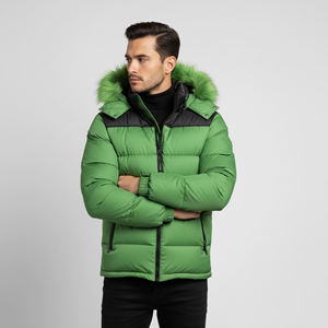 Veste matelassée pour homme de haute qualité, verte, avec capuche en fourrure, fermeture éclair, coupe-vent, manteau d'hiver décontracté, coupe régulière, rembourrage en polyester - Product Image 6