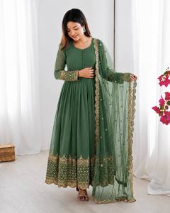 Premium Faux Georgette Anarkali Gown With Heavy <b>Net</b> Dupatta Embroidered Sequins Full Sleeves Festive Ethnic Wear Set - Product Image 4