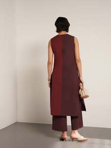 Magenta Brown Block <b>Henley</b> Neck Midi Dress Three Quarter <b>Sleeve</b> Loose Fit Cotton Bamboo Fabric Casual Wear All Set - Product Image 1