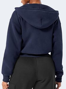 Sudadera con capucha y cremallera azul marino para mujer, de manga larga, de forro polar, estilo casual, de color liso. - Product Image 2