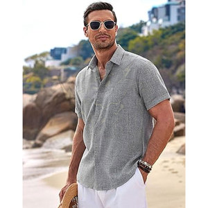 Chemises à manches courtes boutonnées pour hommes, gris, été, polos frais, coton, col montant, chemises brodées, t-shirt oversize - Product Image 3