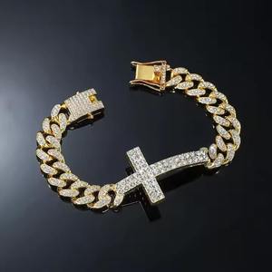 22k Gold Plated <b>Cross</b> <b>Chain</b> Bracelet Men's Hip Hop Crystal Rhinestone Link Style Everyday Wear - Product Image 1