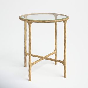 Table d'appoint sculpturale en métal avec plateau en verre, support latéral en fer, écologique, pour salon - Product Image 1