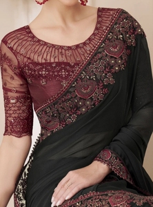 Sari de satén de seda adornado, sin arrugas, reversible, estilo Bollywood, para fiestas. - Product Image 2
