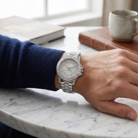 Reloj de cristal de acero inoxidable para hombre, cronógrafo analógico de cuarzo redondo, indicador de fecha y semana, reloj de lujo de 42mm en tono plateado