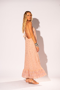Vestido Maxi Bohemio Rosa para Mujer, Sin Mangas, Cuello Cuadrado, Cintura Alta, con Volantes, Elegante, Ecológico, Tejido, Antiestático - Product Image 2