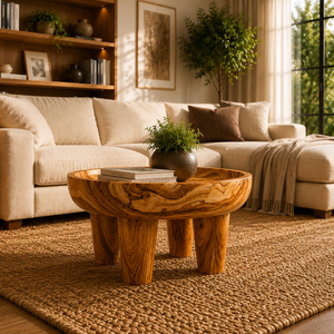 Curved Edge Organic <b>Solid</b> Indonesian Suar <b>Wood</b> Coffee Table Honey Finish Modern Premium Thick Living Room Home Furniture - Product Image 3